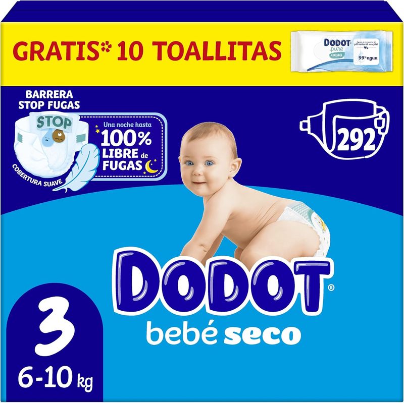 Dodot Bebé-Seco Talla 3 · 292 pañales + toallitas (pack mensual)