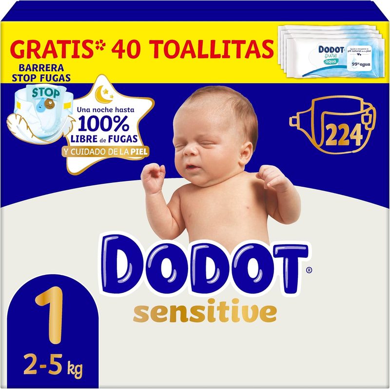Dodot Sensitive Talla 1 · 224 pañales + 40 toallitas (pack mensual)