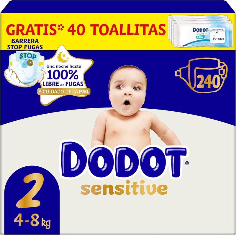 Dodot Sensitive Talla 2 · 240 pañales + 40 toallitas (pack mensual)
