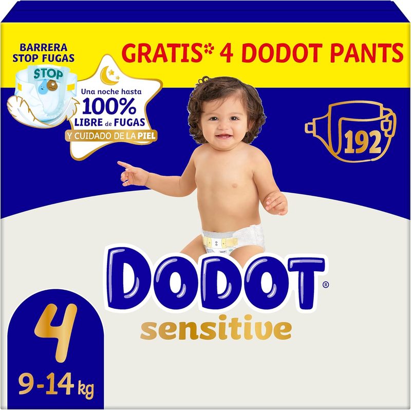 Dodot Sensitive Talla 4 · 192 pañales + 4 Pants de regalo (pack mensual)